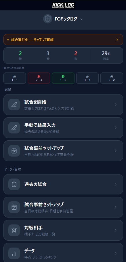 チームのホーム画面(勝率・得点ランキング表示)
